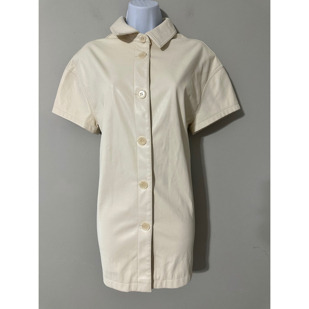 BAGATELLE‎ COLLECTION Faux Leather Shirt Button Down Short Sleeve Cream Size S